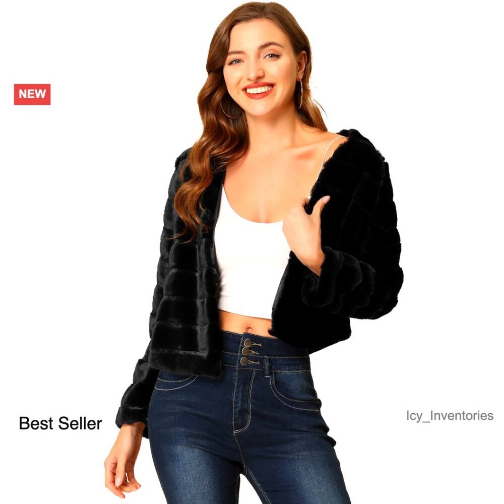 Faux Fur Cropped Jacket Long Sleeve Collarless Winter Warm Cozy Chic Outwear